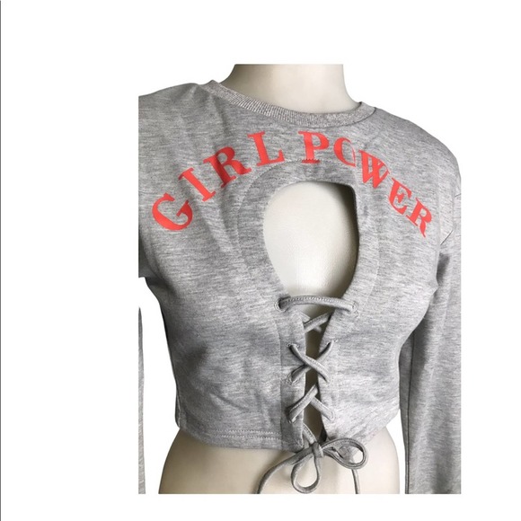 Shein | Girl Power Graphic Lace Up Cut Out Chest Long Sleeve Crop top - Picture 2 of 8